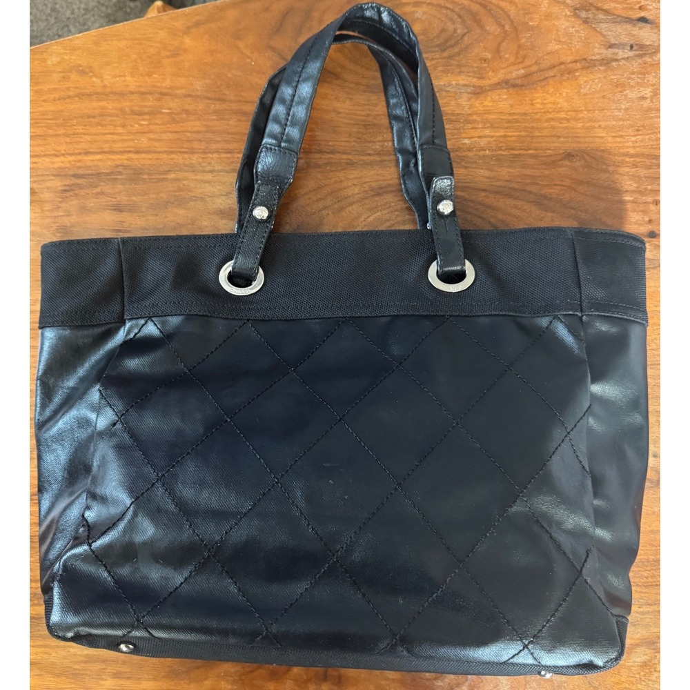 Chanel Paris Biarritz Tote Bag Black Quilted Coated Canvas Leather Silver HW